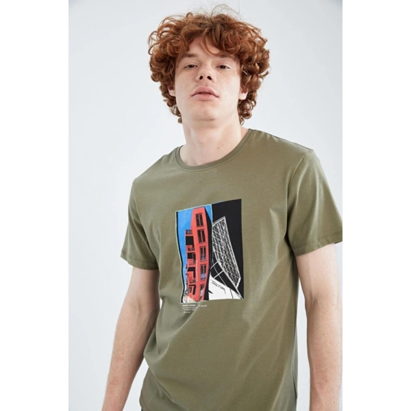 DEFACTO Erkek Slim Fit Bisiklet Yaka Baskılı Pamuklu Tişört