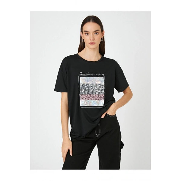 KOTON Kadın Payetli Yazı Baskılı T-shirt