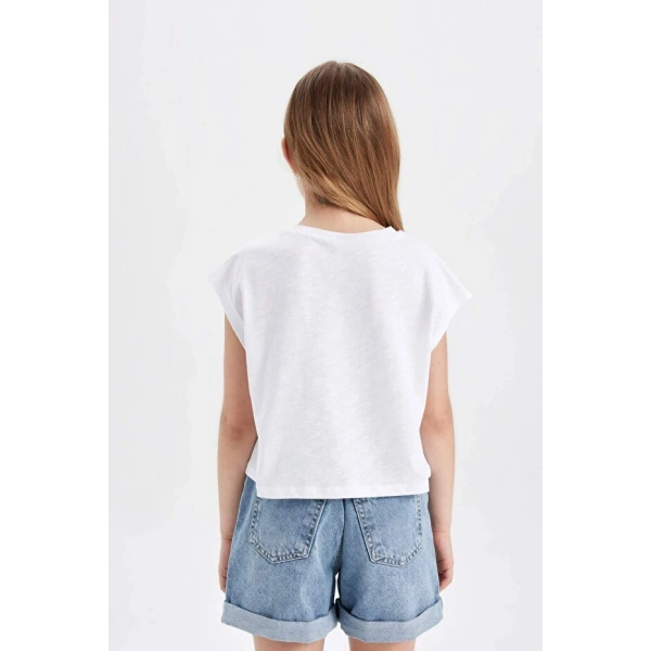 DEFACTO Kız Çocuk Crop Bisiklet Yaka Baskılı Kısa Kollu T-shirt