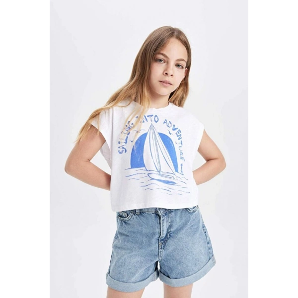 DEFACTO Kız Çocuk Crop Bisiklet Yaka Baskılı Kısa Kollu T-shirt