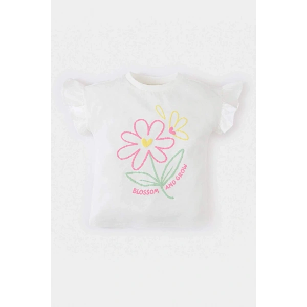 DEFACTO Kız Bebek Bisiklet Yaka Çiçekli Kısa Kollu T-shirt