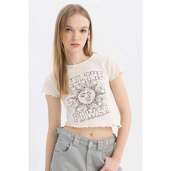 DEFACTO Kadın Bisiklet Yaka Baskılı Waffle T-shirt