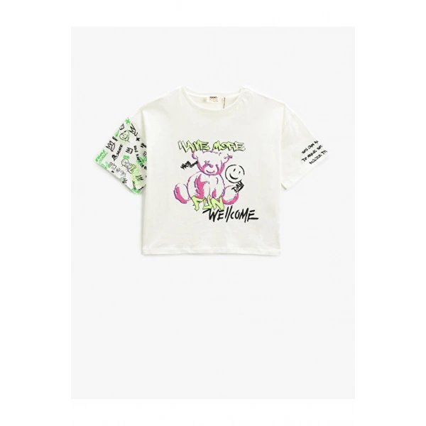KOTON Kız Çocuk Crop Oversize Baskılı Kısa Kollu T-shirt