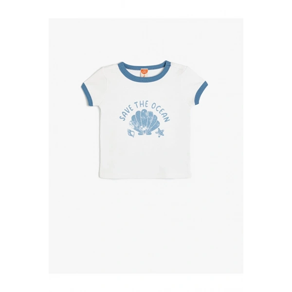 KOTON Kız Çocuk Kısa Kollu Bisiklet Yaka Deniz Kabuğu Baskılı T-shirt