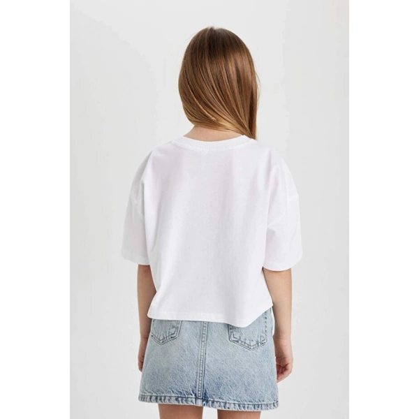 DEFACTO Kız Çocuk Bisiklet Yaka Crop Baskılı Kısa Kollu T-shirt