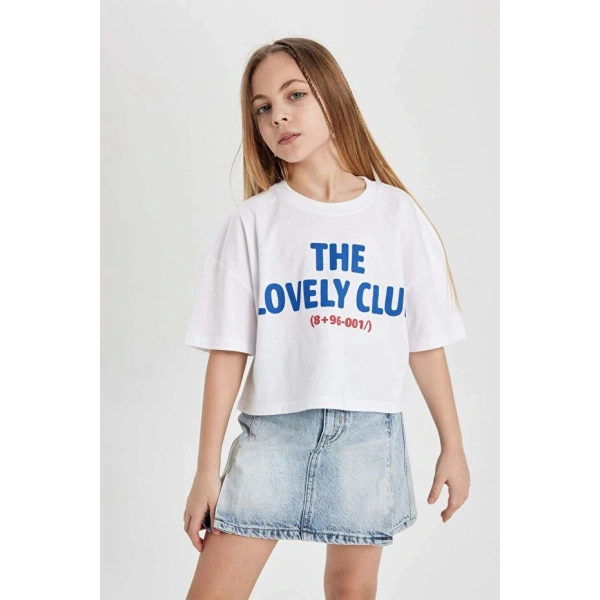 DEFACTO Kız Çocuk Bisiklet Yaka Crop Baskılı Kısa Kollu T-shirt