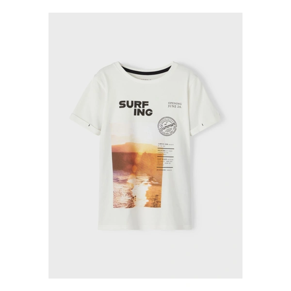 NAME IT Erkek Çocuk Bisiklet Yaka Baskılı Beyaz T-shirt