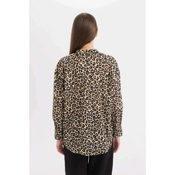 DEFACTO Kadın Oversize Geniş Kalıp Uzun Kollu Leopar Desenli Gömlek