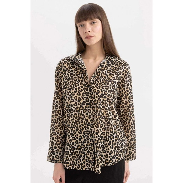 DEFACTO Kadın Oversize Geniş Kalıp Uzun Kollu Leopar Desenli Gömlek