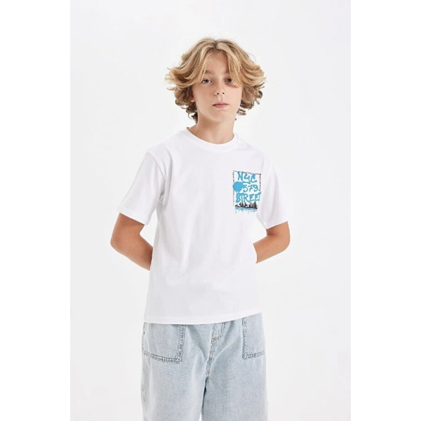 DEFACTO Erkek Çocuk Bisiklet Yaka Baskılı Kısa Kollu T-shirt