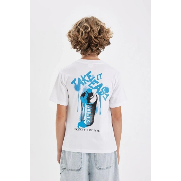 DEFACTO Erkek Çocuk Bisiklet Yaka Baskılı Kısa Kollu T-shirt
