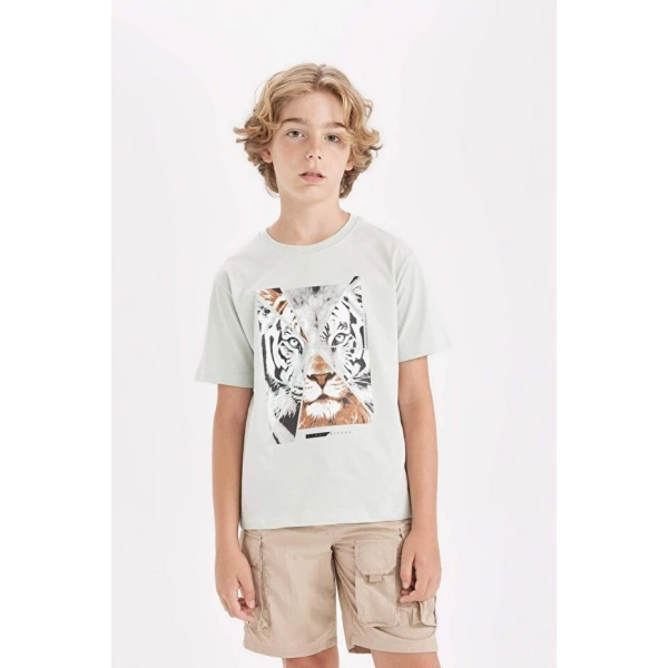 DEFACTO Erkek Çocuk Bisiklet Yaka Baskılı Kısa Kollu T-shirt