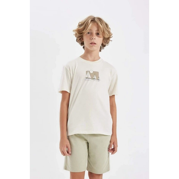 DEFACTO Erkek Çocuk Bisiklet Yaka Baskılı Kısa Kollu T-shirt