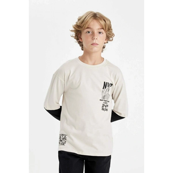 DEFACTO Erkek Çocuk Bisiklet Yaka Baskılı Uzun Kollu T-shirt