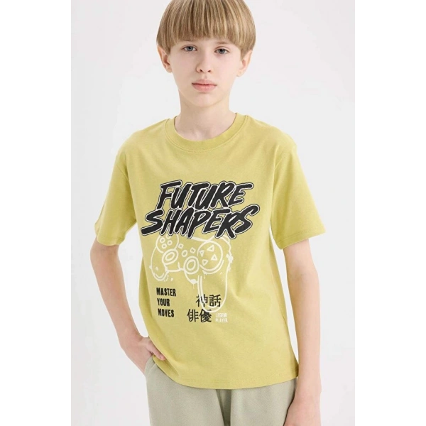 DEFACTO Erkek Çocuk Bisiklet Yaka Baskılı Kısa Kollu T-shirt