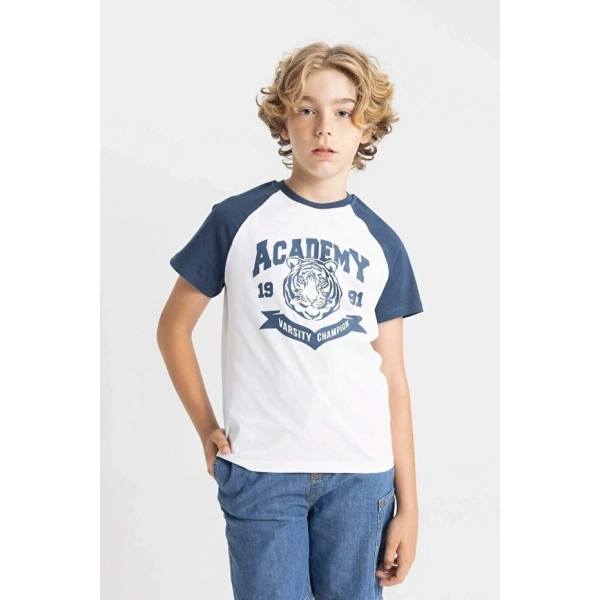 DEFACTO Erkek Çocuk Bisiklet Yaka Baskılı Kısa Kollu T-shirt