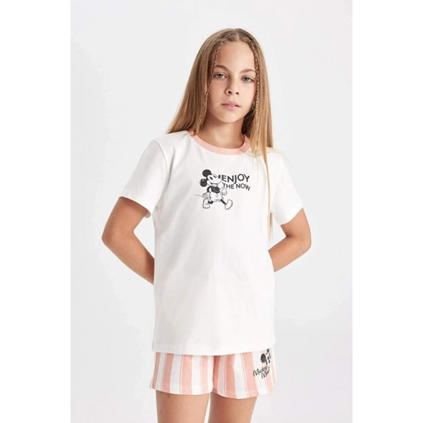 DEFACTO Kız Çocuk Disney Mickey & Minnie Pijama Takımı Kısa Kollu Üst Şort