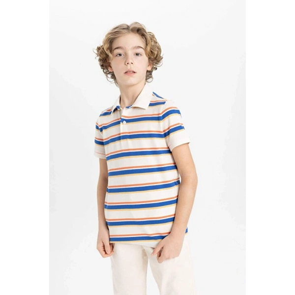 DEFACTO Erkek Çocuk Polo Yaka Çizgili Pike Kısa Kollu T-shirt