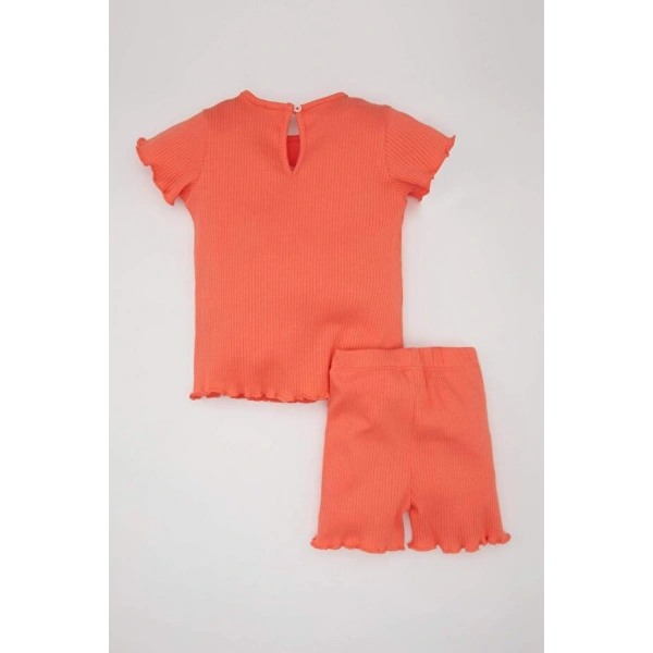 DEFACTO Kız Bebek 2li Takım Fitilli Kaşkorse Bisiklet Yaka Kısa Kollu T-shirt Şort