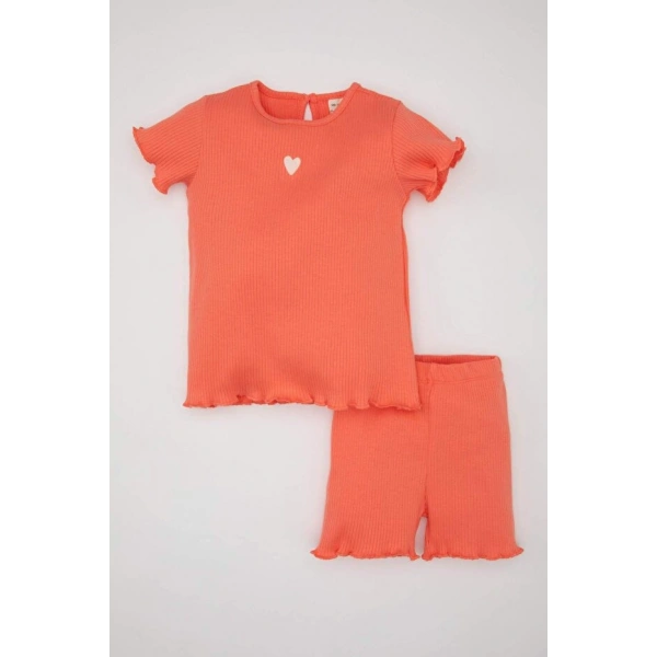 DEFACTO Kız Bebek 2li Takım Fitilli Kaşkorse Bisiklet Yaka Kısa Kollu T-shirt Şort