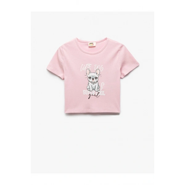 KOTON Kız Çocuk Köpek Baskılı Pamuklu Bisiklet Yaka Kısa Kollu T-shirt