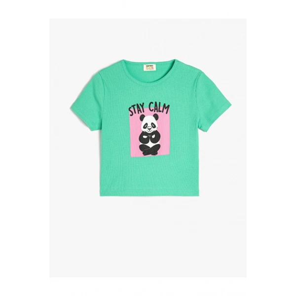 KOTON Kız Çocuk Pamuklu Panda Baskılı Bisiklet Yaka Kısa Kollu Crop T-shirt