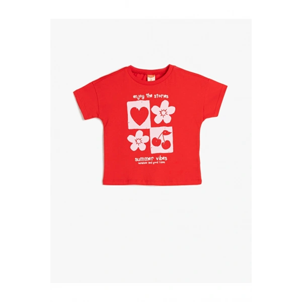 KOTON Kız Çocuk Baskılı Kısa Kollu Bisiklet Yaka Pamuklu T-shirt