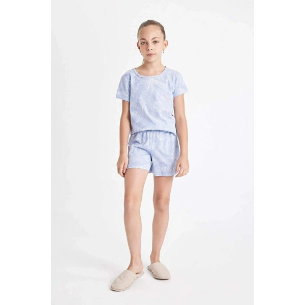 DEFACTO Kız Çocuk Pijama Takımı Desenli Kısa Kollu Üst Şort