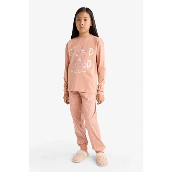 DEFACTO Kız Çocuk Pijama Takımı Baskılı Uzun Kollu Üst Uzun Alt