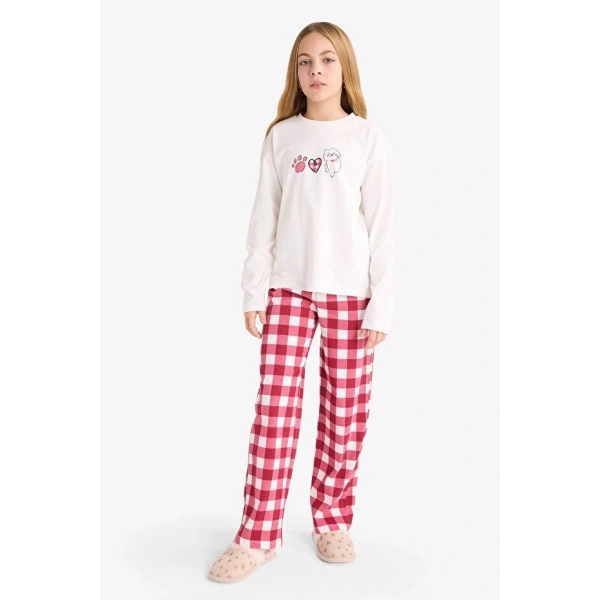 DEFACTO Kız Çocuk Pijama Takımı Baskılı Uzun Kollu Üst Kareli Uzun Alt