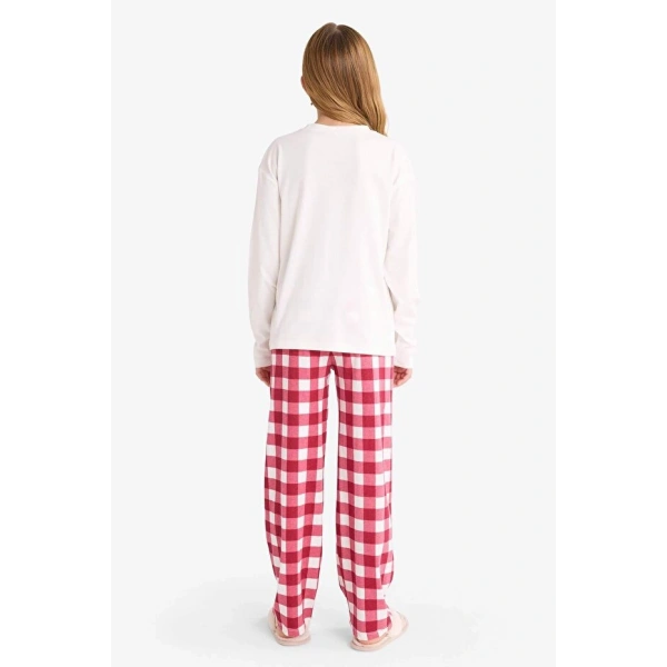 DEFACTO Kız Çocuk Pijama Takımı Baskılı Uzun Kollu Üst Kareli Uzun Alt