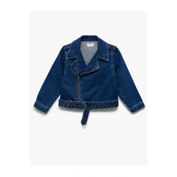 KOTON Kız Çocuk Pamuklu Uzun Kollu Kemer Detaylı Fermuarlı Denim Ceket