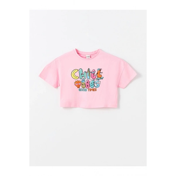 LC Waikiki Kız Çocuk Bisiklet Yaka Baskılı Kısa Kollu Crop Tişört