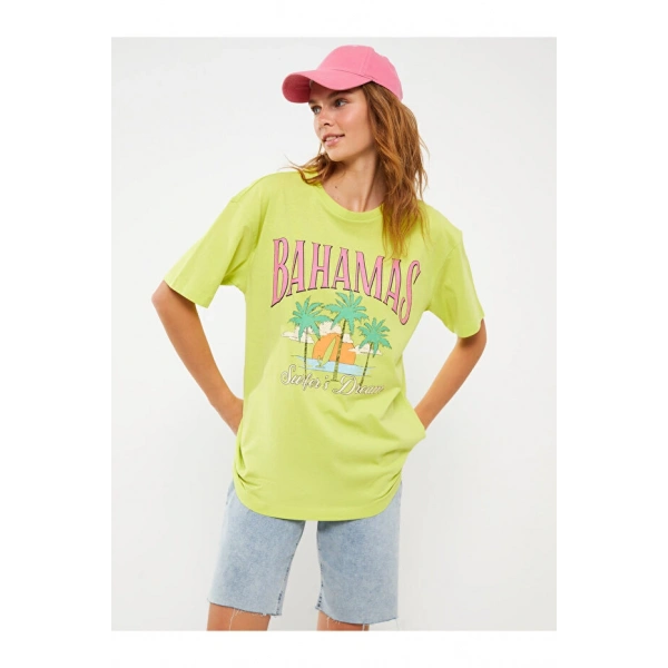 LC Waikiki Kadın Bisiklet Yaka Baskılı Kısa Kollu Oversize Tişört