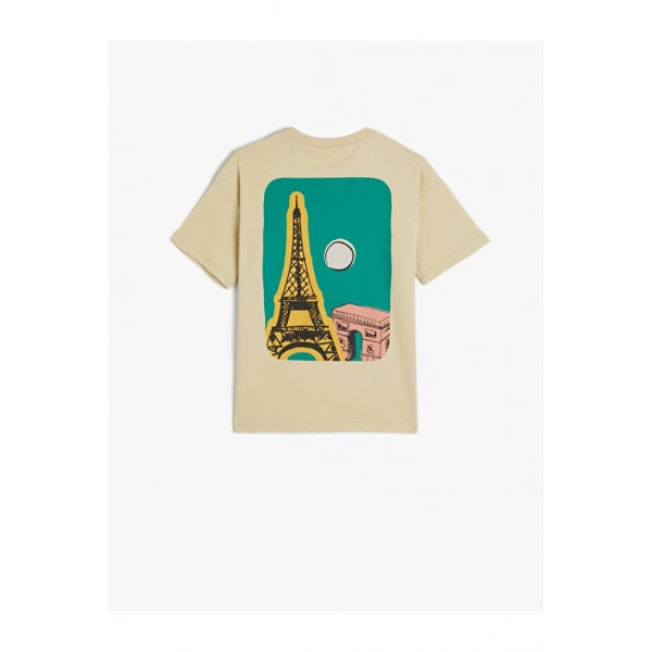 KOTON Erkek Çocuk Paris Temalı Arkası Baskılı Kısa Kollu Bisiklet Yaka T-shirt