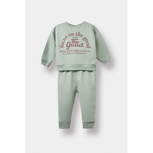 DEFACTO Erkek Bebek 2li Takım Baskılı Sweatshirt Beli Lastikli Eşofman Altı