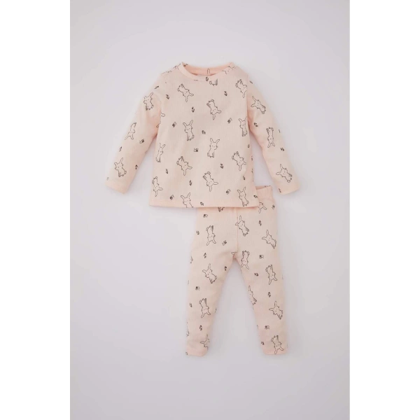 DEFACTO Kız Bebek Tavşan Baskılı Fitilli Kaşkorse Uzun Kollu Pijama Takımı
