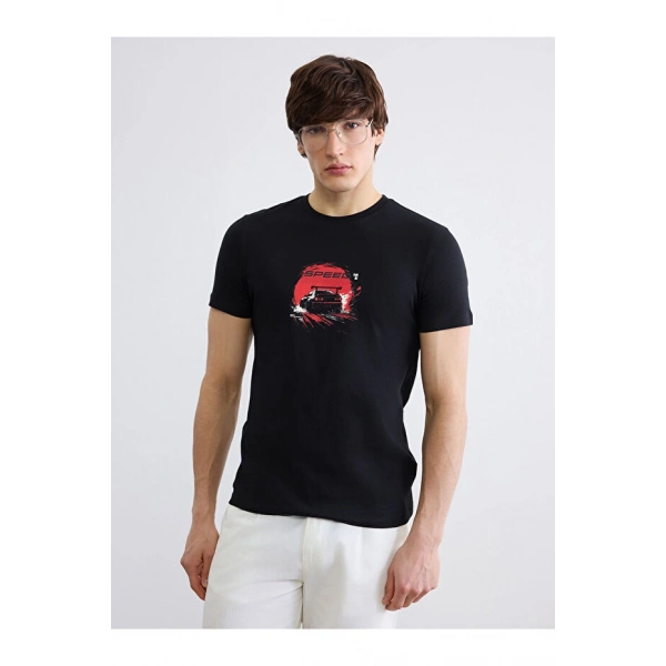 LC Waikiki Erkek Siyah Baskılı Slim Fit Bisiklet Yaka Tişört