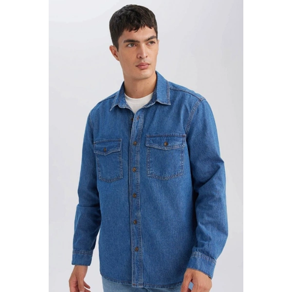 DEFACTO Erkek %100 Pamuk Regular Fit Uzun Kollu Jean Gömlek
