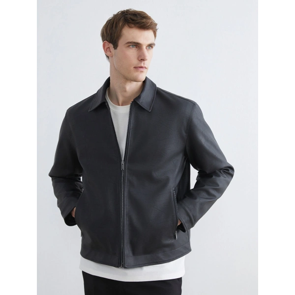 LC Waikiki Siyah Erkek Deri Görünümlü Ceket