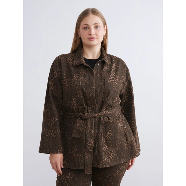 LC Waikiki Kadın Modest Kahverengi Gömlek Yaka Leopar Desenli Jean Ceket