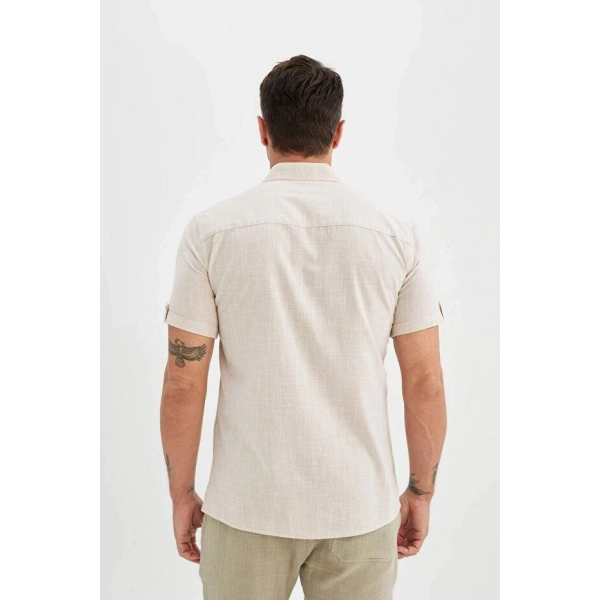 DEFACTO Erkek Slim Fit Yazlık Polo Yaka Keten Görünümlü Kısa Kollu Gömlek