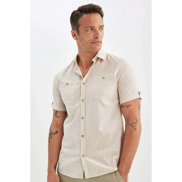DEFACTO Erkek Slim Fit Yazlık Polo Yaka Keten Görünümlü Kısa Kollu Gömlek