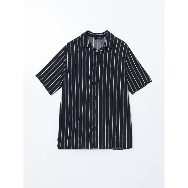 LC Waikiki Erkek Siyah Regular Fit Kısa Kollu Çizgili Viskon Gömlek