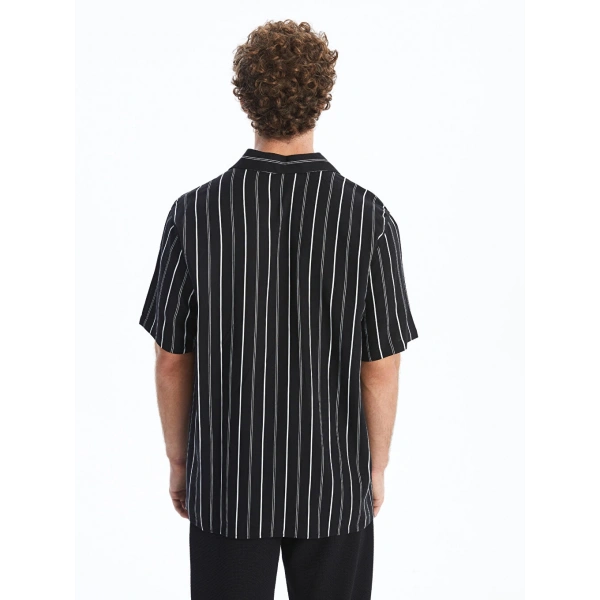 LC Waikiki Erkek Siyah Regular Fit Kısa Kollu Çizgili Viskon Gömlek
