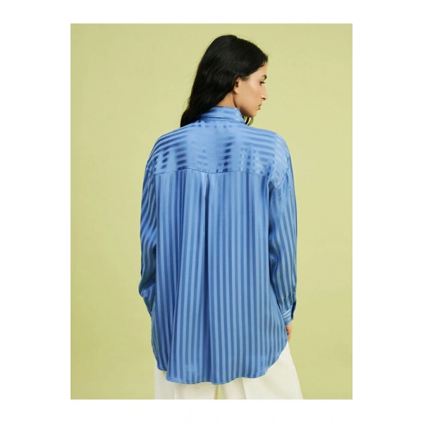LC Waikiki Kadın Modest Çizgili Oversize Saten Gömlek Tunik