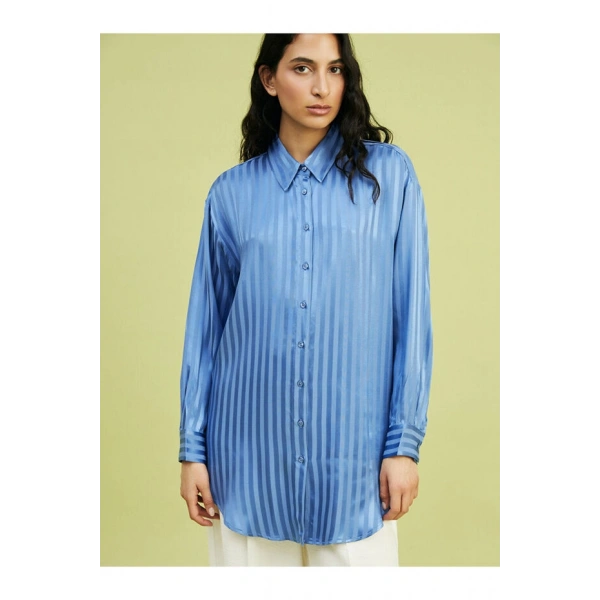 LC Waikiki Kadın Modest Çizgili Oversize Saten Gömlek Tunik