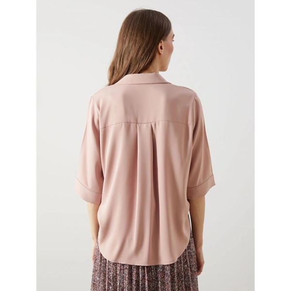 LC Waikiki Kadın Classic Kahverengi Gömlek Yaka Oversize Krep Bluz