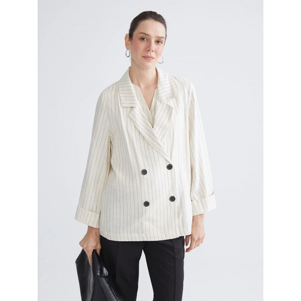 LC Waikiki Kadın Classic Bej Çizgili Keten Karışımlı Blazer Ceket