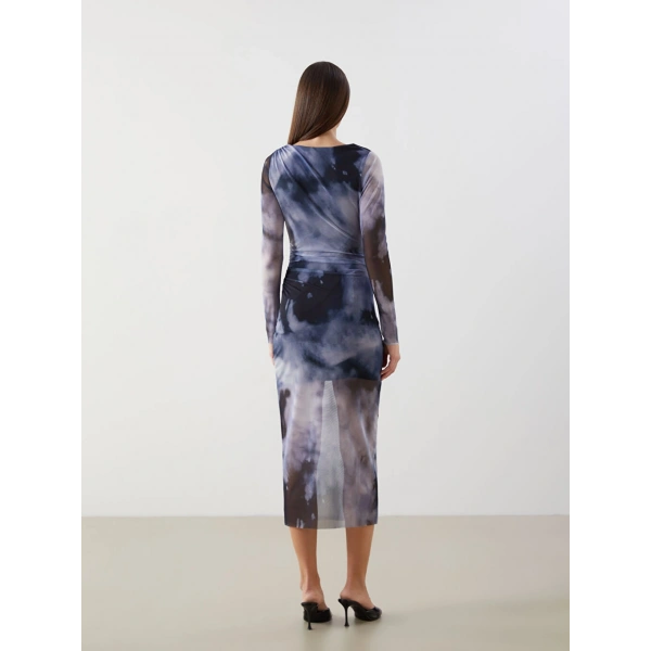 LC Waikiki Vision Lacivert Bisiklet Yaka Batik Desenli Kadın Bodycon Elbise